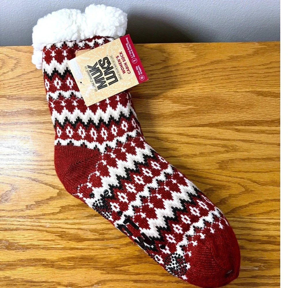 Muk Luks Womens Cabin Socks L/XL 8-10 Burgundy Fair Isle Faux‎ Sherpa Lined NWT